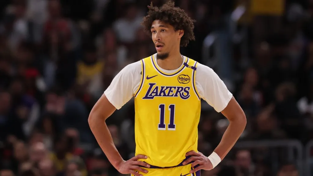 Jaxson Hayes #11 of the Los Angeles Lakers looks on against the Chicago Bulls during the first half at the United Center. (Michael Reaves/Getty Images)