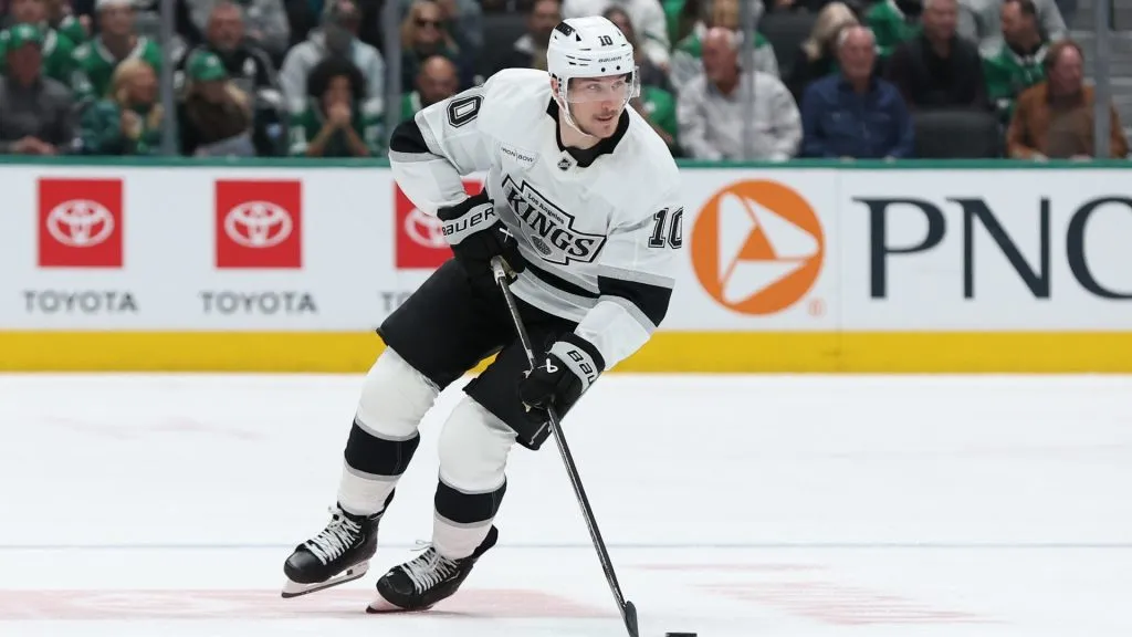 Tanner Jeannot #10 with the Los Angeles Kings skates with the puck during the second period against the Dallas Stars at American Airlines Center on February 28, 2025 in Dallas, Texas. (Photo by Sam Hodde/Getty Images)