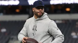 Dak Prescott #4 of the Dallas Cowboys looks on prior to the game against the Washington Commanders at AT&T Stadium on January 05, 2025 in Arlington, Texas.