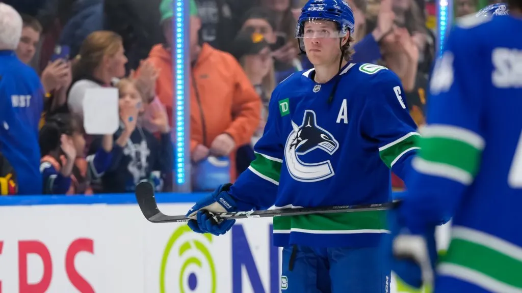 Brock Boeser #6 of the Vancouver Canucks looks on after their final regular season NHL game against the Vegas Golden Knights at Rogers Arena on April 16, 2025 in Vancouver, Canada. (Photo by Derek Cain/Getty Images)