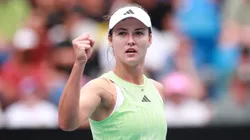 Anna Kalinskaya celebrates a point in their round three singles match against Sloane Stephens of the United States during the 2024 Australian Open.
