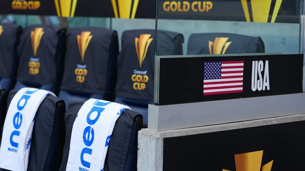 Gold Cup signage is displayed before the Gold Cup 2025: Semifinal round at Energizer Park on July 2, 2025. (Source: Kyle Rivas/Getty Images)