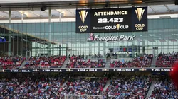 Signage displays a sold out crowd of 22,423 in attendance as Guatemala takes on United States during the second half of the Gold Cup 2025: Semifinal round at Energizer Park on July 2, 2025.