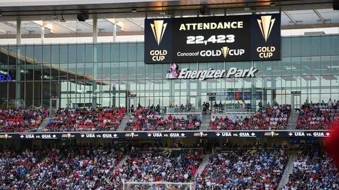 Signage displays a sold out crowd of 22,423 in attendance as Guatemala takes on United States during the second half of the Gold Cup 2025: Semifinal round at Energizer Park on July 2, 2025.