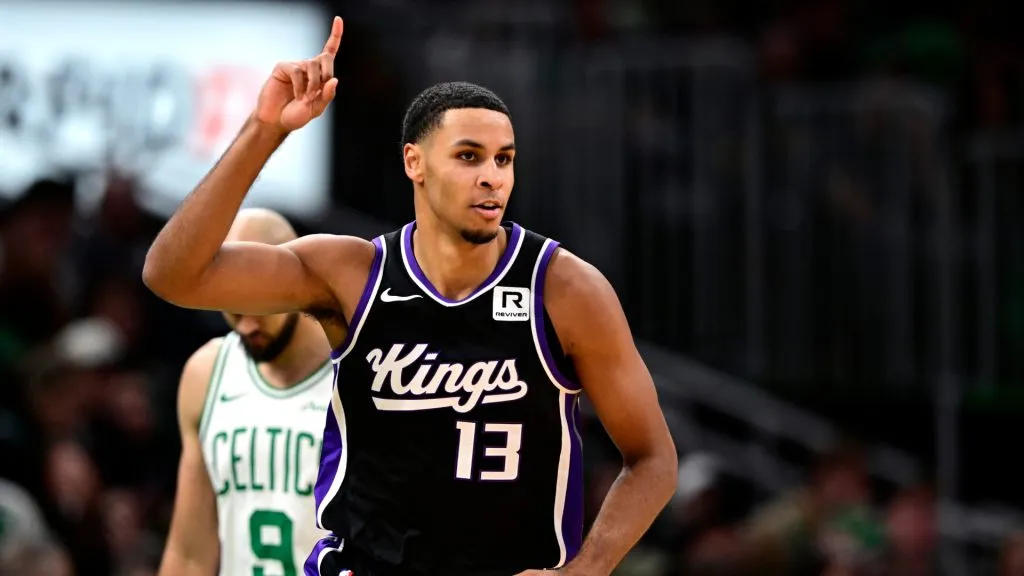 Keegan Murray #13 of the Sacramento Kings reacts during the second half of a game against the Boston Celtics. (Billie Weiss/Getty Images)