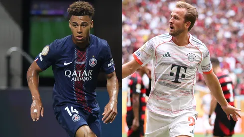 Desire Doue #14 of Paris Saint-Germain and Harry Kane #9 of FC Bayern Munchen.