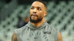 Damian Lillard #0 of the Milwaukee Bucks warms up before Game Four of the Eastern Conference First Round NBA Playoffs against the Indiana Pacers at Fiserv Forum on April 27, 2025 in Milwaukee, Wisconsin.