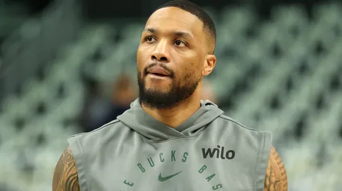 Damian Lillard #0 of the Milwaukee Bucks warms up before Game Four of the Eastern Conference First Round NBA Playoffs against the Indiana Pacers at Fiserv Forum on April 27, 2025 in Milwaukee, Wisconsin.
