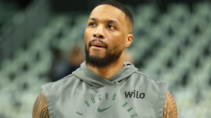 Damian Lillard #0 of the Milwaukee Bucks warms up before Game Four of the Eastern Conference First Round NBA Playoffs against the Indiana Pacers at Fiserv Forum on April 27, 2025 in Milwaukee, Wisconsin.
