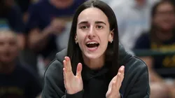 Caitlin Clark #22 of the Indiana Fever reacts to a score during the first half of a game against the Dallas Wings at American Airlines Center on June 27, 2025 in Dallas, Texas.