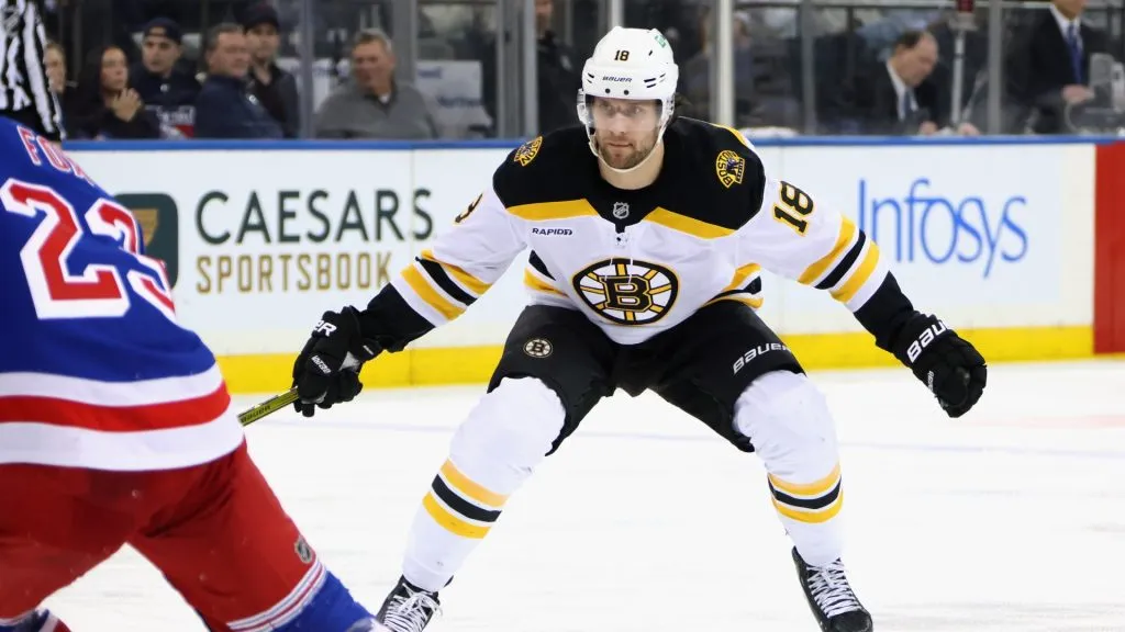 Pavel Zacha #18 of the Boston Bruins skates against the New York Rangers at Madison Square Garden on February 05, 2025 in New York City. (Photo by Bruce Bennett/Getty Images)