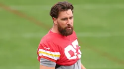 Travis Kelce #87 of the Kansas City Chiefs warms up during a practice ahead of Super Bowl LIX at Tulane University’s Yulman Stadium on on February 06, 2025 in New Orleans, Louisiana.