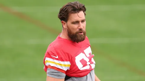 Travis Kelce #87 of the Kansas City Chiefs warms up during a practice ahead of Super Bowl LIX at Tulane University’s Yulman Stadium on on February 06, 2025 in New Orleans, Louisiana.