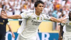 Gonzalo Garcia #30 of Real Madrid C.F. celebrates scoring his team's first goal during the FIFA Club World Cup 2025 round of 16 match between Real Madrid CF and Juventus FC at Hard Rock Stadium on July 01, 2025 in Miami Gardens, Florida.