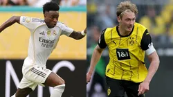 Vinicius Junior #7 of Real Madrid C. F. and Julian Brandt of Borussia Dortmund.