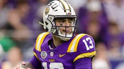 Garrett Nussmeier #13 of the LSU Tigers looks to pass against the Baylor Bears during the first half in the Kinder's Texas Bowl at NRG Stadium on December 31, 2024 in Houston, Texas.