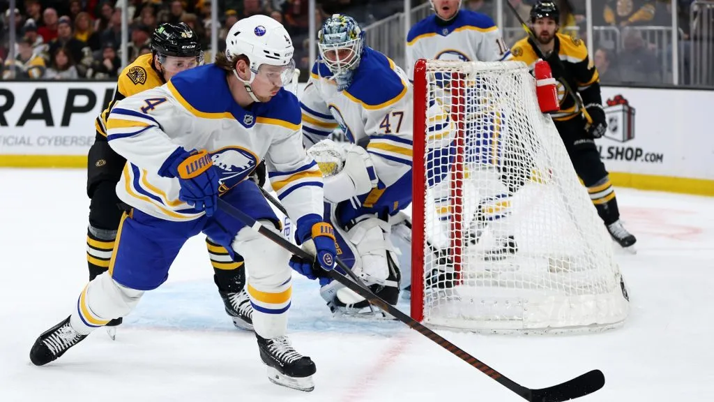 Bowen Byram #4 of the Buffalo Sabres clears the puck during the first period against the Boston Bruins at TD Garden on December 21, 2024 in Boston, Massachusetts. (Photo by Maddie Meyer/Getty Images)