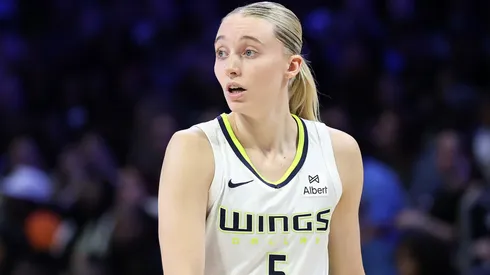 Paige Bueckers #5 of the Dallas Wings walks backcourt during a game against the Phoenix Mercury at College Park Center on July 03, 2025 in Arlington, Texas.