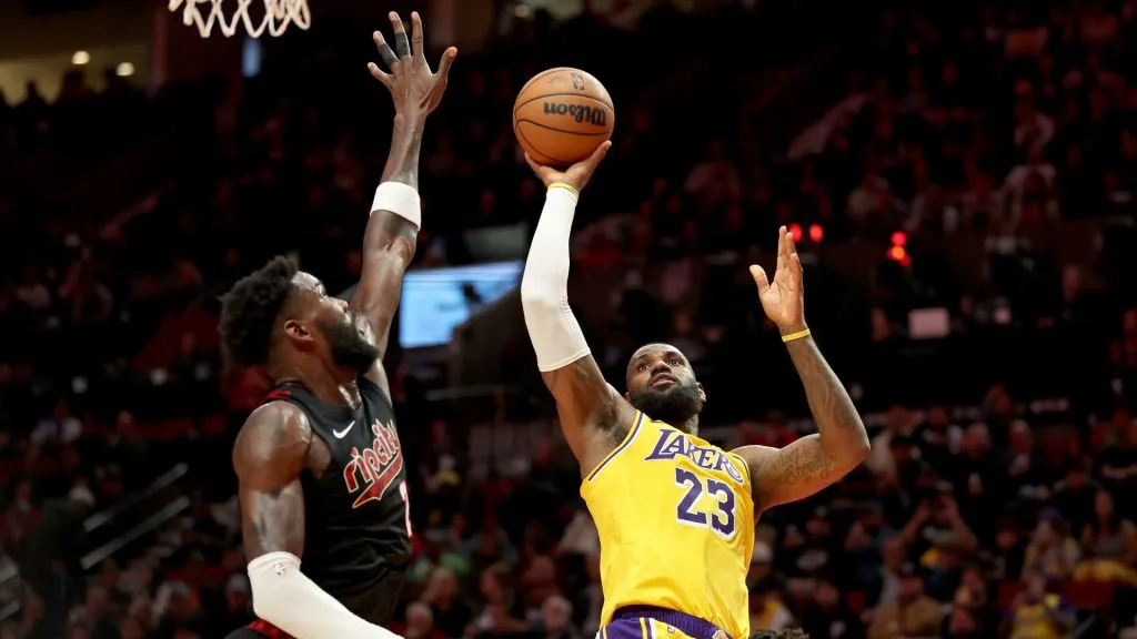 LeBron James #23 of the Los Angeles Lakers shoots against Deandre Ayton #2 of the Portland Trail Blazers. (Steph Chambers/Getty Images)