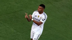 Kylian Mbappe #9 of Real Madrid C.F. celebrates scoring his team's third goal during the FIFA Club World Cup 2025 quarter-final match between Real Madrid CF and Borussia Dortmund