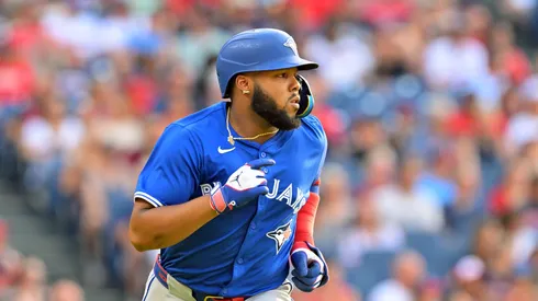 Vladimir Guerrero Jr. #27 of the Toronto Blue Jays runs out a single during the third inning against the Cleveland Guardians at Progressive Field on June 24, 2025 in Cleveland, Ohio.