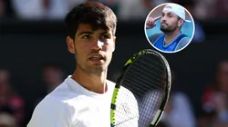 Carlos Alcaraz of Spain celebrates match point against Oliver Tarvet of Great Britain during Wimbledon.