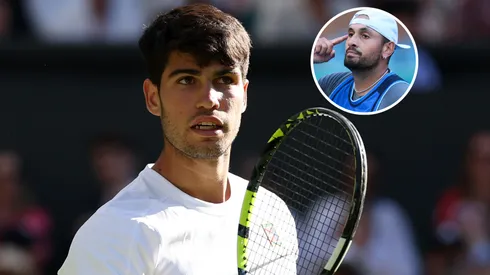 Carlos Alcaraz of Spain celebrates match point against Oliver Tarvet of Great Britain during Wimbledon.