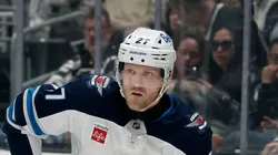 Nikolaj Ehlers #27 of the Winnipeg Jets passes during a 4-1 loss to the Los Angeles Kings at Crypto.com Arena on April 01, 2025 in Los Angeles, California.