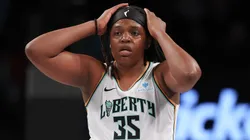 Jonquel Jones #35 of the New York Liberty reacts after getting called for a foul in the second half against the Golden State Valkyries at Barclays Center on May 27, 2025 in the Brooklyn borough of New York City. The New York Liberty defeated the Golden State Valkyries 95-67.