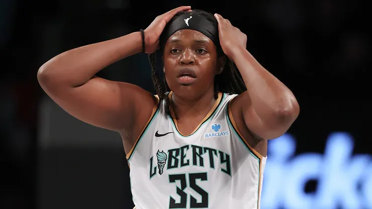 Jonquel Jones #35 of the New York Liberty reacts after getting called for a foul in the second half against the Golden State Valkyries at Barclays Center on May 27, 2025 in the Brooklyn borough of New York City. The New York Liberty defeated the Golden State Valkyries 95-67.