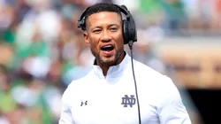 Head coach Marcus Freeman of the Notre Dame Fighting Irish reacts after a play during the first half in the game against the Central Michigan Chippewas at Notre Dame Stadium on September 16, 2023 in South Bend, Indiana.