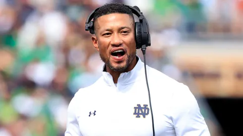 Head coach Marcus Freeman of the Notre Dame Fighting Irish reacts after a play during the first half in the game against the Central Michigan Chippewas at Notre Dame Stadium on September 16, 2023 in South Bend, Indiana.