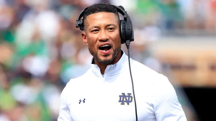 Head coach Marcus Freeman of the Notre Dame Fighting Irish reacts after a play during the first half in the game against the Central Michigan Chippewas at Notre Dame Stadium on September 16, 2023 in South Bend, Indiana.