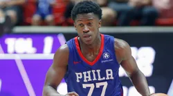 VJ Edgecombe #77 of the Philadelphia 76ers brings the ball up the court during the first half of their NBA Summer League game against the Utah Jazz at the Jon M. Huntsman Center on July 5, 2025 in Salt Lake City, Utah.