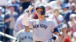 Aaron Judge #99 of the New York Yankees reacts at home plate after his first inning home run against the New York Mets at Citi Field on July 04, 2025 in New York City.