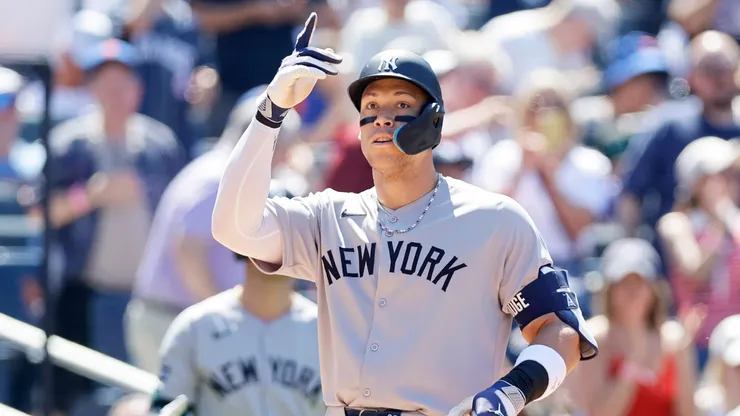 Aaron Judge #99 of the New York Yankees reacts at home plate after his first inning home run against the New York Mets at Citi Field on July 04, 2025 in New York City.