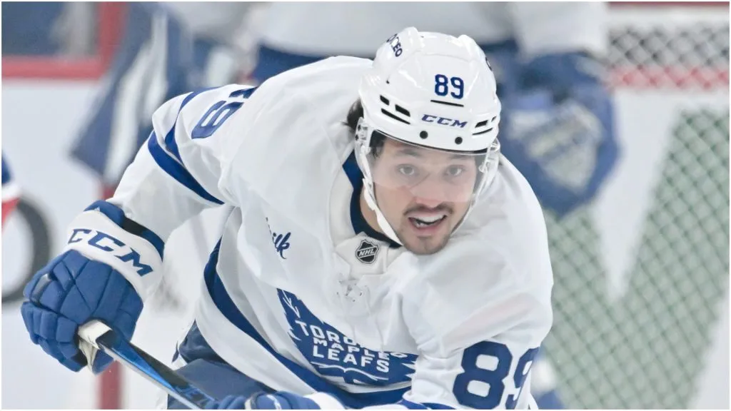 Nicholas Robertson #89 of the Toronto Maple Leafs skates during the first period against the Montreal Canadiens at the Bell Centre on October 9, 2024 in Montreal, Quebec, Canada.