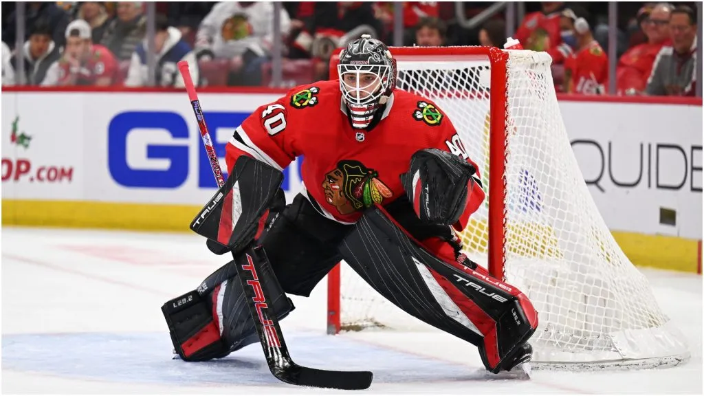 Goaltender Arvid Soderblom #40 of the Chicago Blackhawks defends the net against the Pittsburgh Penguins on November 20, 2022 at United Center in Chicago, Illinois.