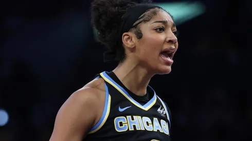 Angel Reese #5 of the Chicago Sky reacts after her score during a 92-85 win over the Los Angeles Sparks at Crypto.com Arena on June 29, 2025 in Los Angeles, California.