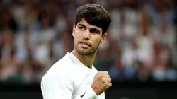Carlos Alcaraz of Spain celebrates winning match point against Andrey Rublev during the Gentlemen's Singles fourth round match on day seven of The Championships Wimbledon 2025 at All England Lawn Tennis and Croquet Club on July 06, 2025 in London, England.