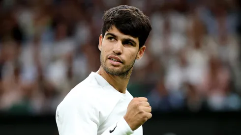 Carlos Alcaraz of Spain celebrates winning match point against Andrey Rublev during the Gentlemen's Singles fourth round match on day seven of The Championships Wimbledon 2025 at All England Lawn Tennis and Croquet Club on July 06, 2025 in London, England.