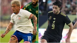 Diego Luna #10 of the United States and Raúl Jiménez #9 of Mexico.