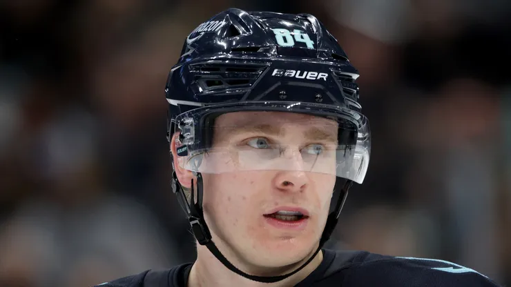 Kaapo Kakko #84 of the Seattle Kraken looks on against the Los Angeles Kings at Climate Pledge Arena on April 15, 2025 in Seattle, Washington.