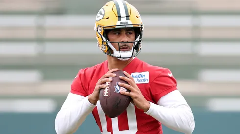 Jordan Love #10 of the Green Bay Packers participates in drills during the Green Bay Packers mandatory minicamp at Ray Nitschke Field on June 10, 2025 in Ashwaubenon, Wisconsin.