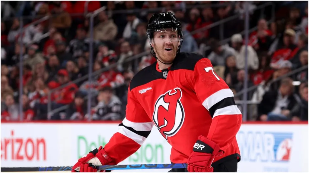 Dougie Hamilton #7 of the New Jersey Devils skates during the second period against the Seattle Kraken at Prudential Center on December 06, 2024 in Newark, New Jersey.