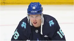 Mitchell Marner #16 of the Toronto Maple Leafs warms up before the game against the Detroit Red Wings in an NHL game at Scotiabank Arena on January 7, 2023 in Toronto, Ontario, Canada.