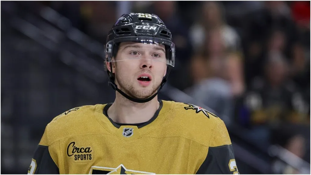 Cole Schwindt #22 of the Vegas Golden Knights skates during a break in the first period of a game against the Calgary Flames at T-Mobile Arena on December 29, 2024 in Las Vegas, Nevada.