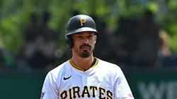 Bryan Reynolds #10 of the Pittsburgh Pirates reacts at second base after hitting a double in the first inning during the game against the New York Mets at PNC Park on June 29, 2025 in Pittsburgh, Pennsylvania.