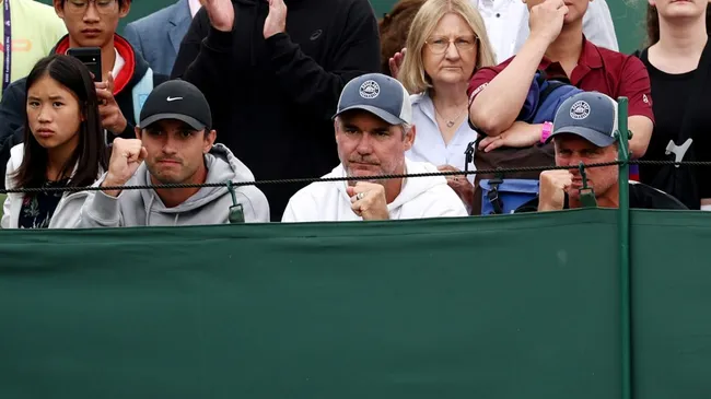 Lleyton Hewitt (right) celebrates during his son’s match at Wimbledon (Dan Istitene/Getty Images)