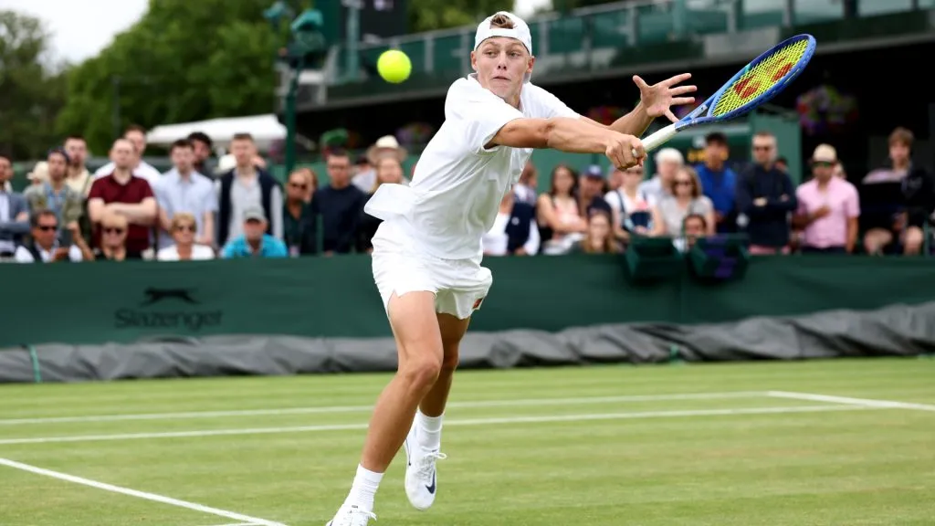 Cruz Hewitt plays a backhand Savva Rybkin during the Boy’s Singles first round match (Dan Istitene/Getty Images)